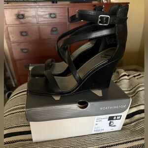 Worthington Black Strappy Wedge Sandals